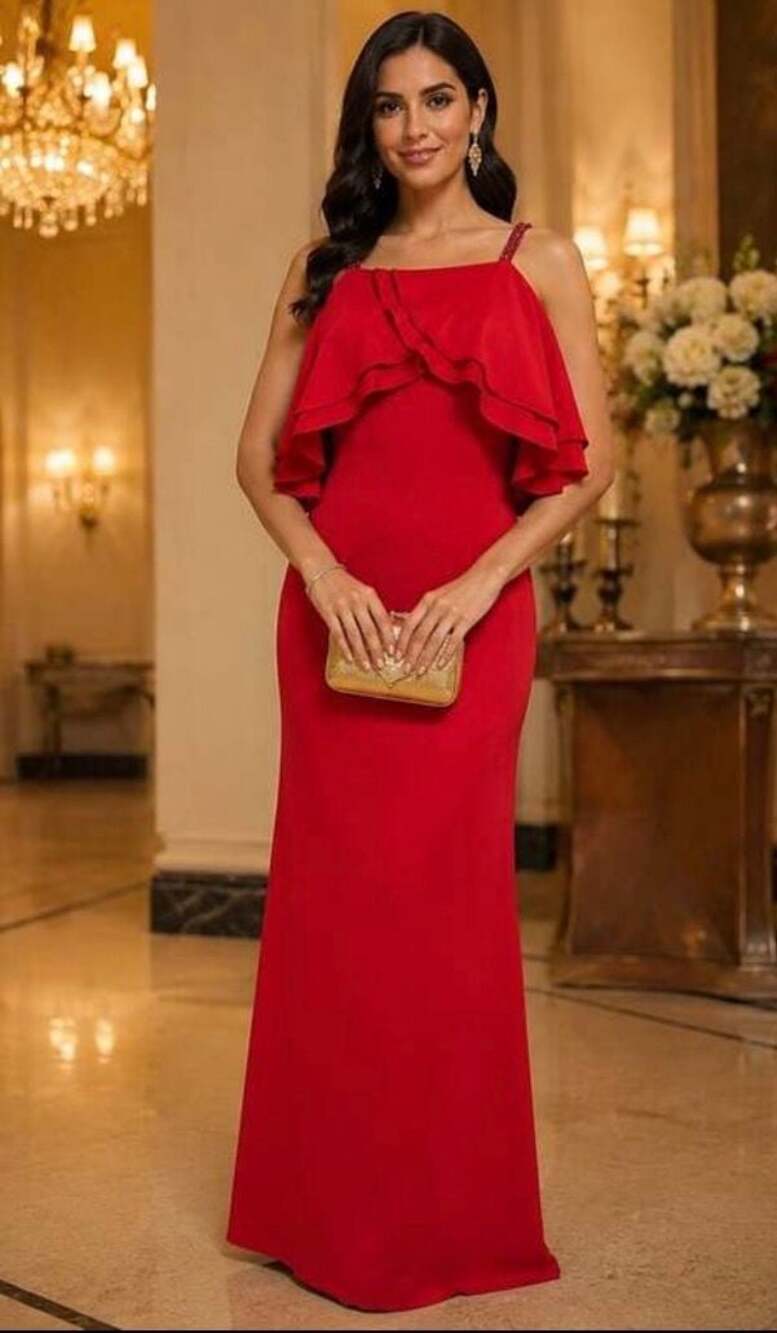 Adrianna Papell Red Sleeveless Maxi Gown with Ruffle Overlay and Beaded Straps